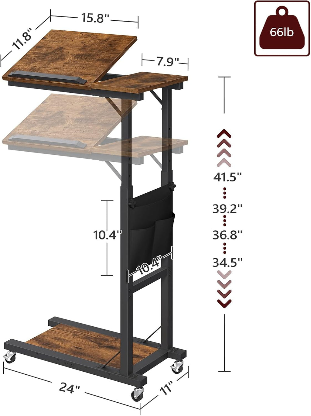 Overbed Table, Mobile Bedside Table for Room, Adjustable Height