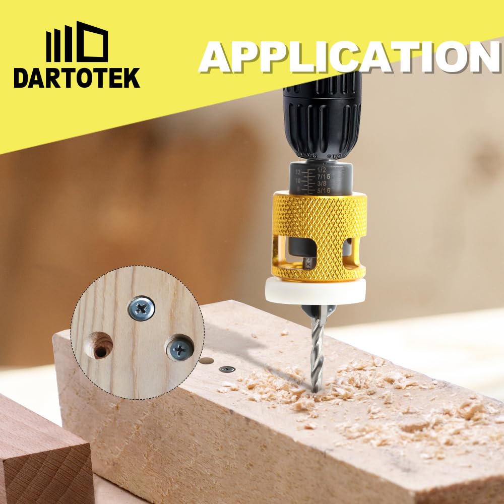 DARTOTEK Countersink Drill Bit Set，with Low Friction Depth Stop, 3/16"-3/8" HSS M2 Counter Sink Drill Bit for US Wood Screw Adjustable Depth Countersink Drill Bit