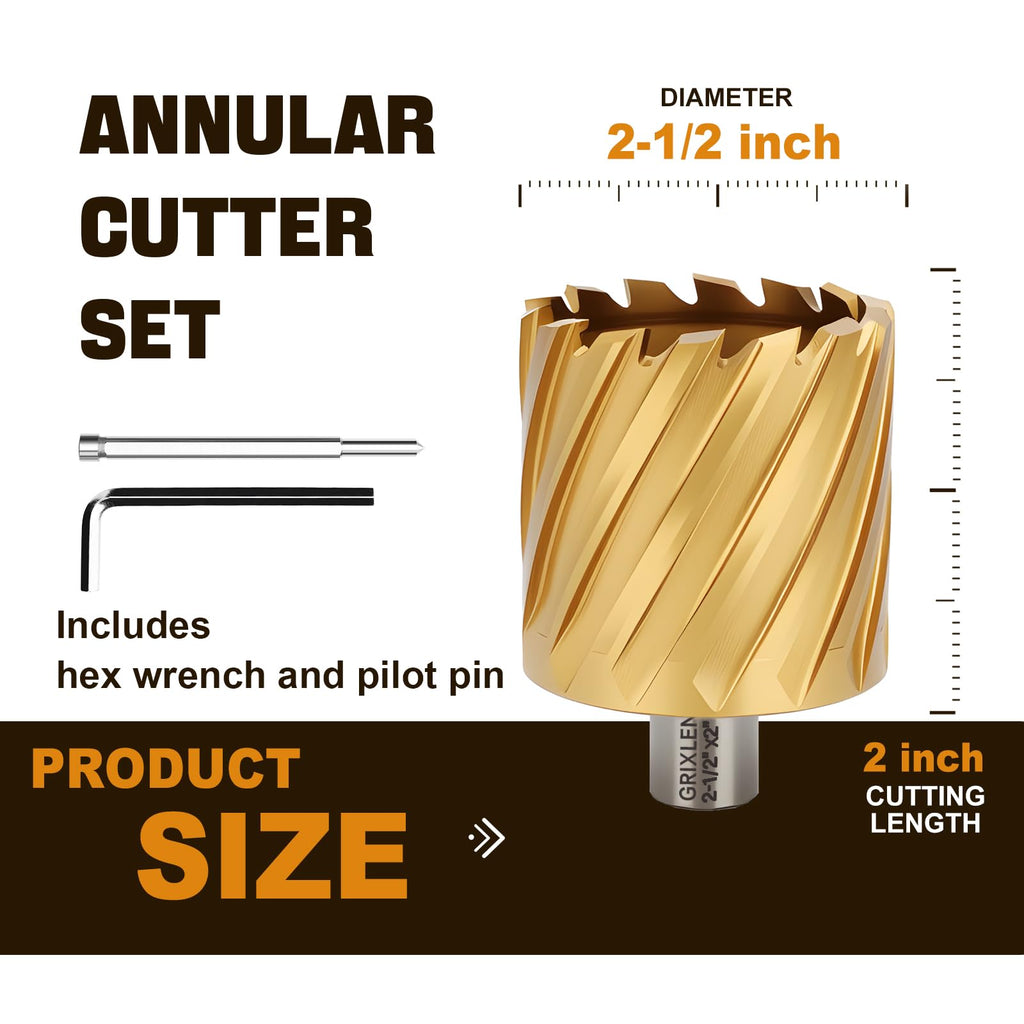 GRIXLEN 2-1/2"x2 HSS Annular Cutter，Diameter 2-1/2"，Cutting Depth 2"