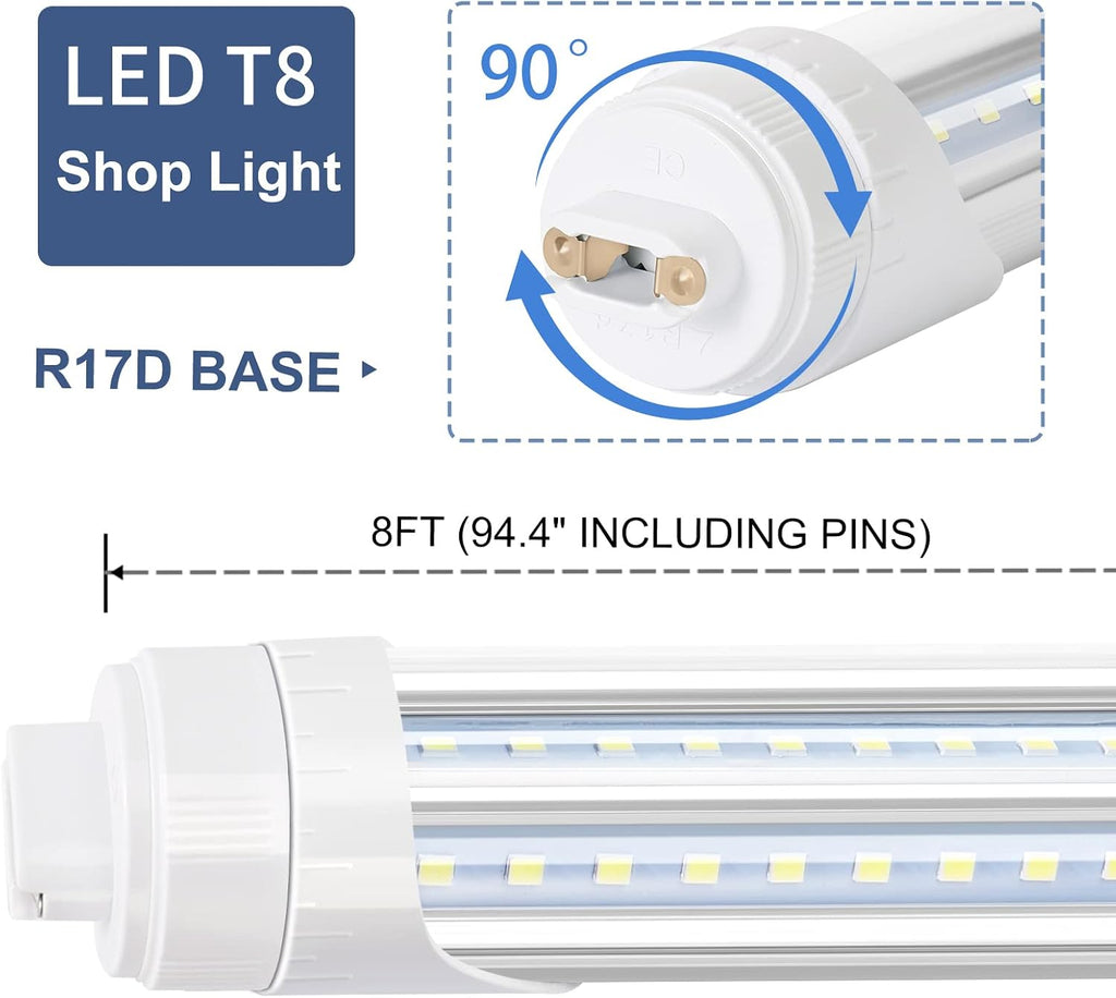 R17D/HO 2 Pin LED Tube Light, 8 Foot, 90W Rotate V Shaped,T8 T10 T12 8FT LED Bulb,6000K Cold White, 10000LM, Clear Cover, (Replacement for F96T12/CW/HO 180W), Ballast Bypass,Dual-End Powered
