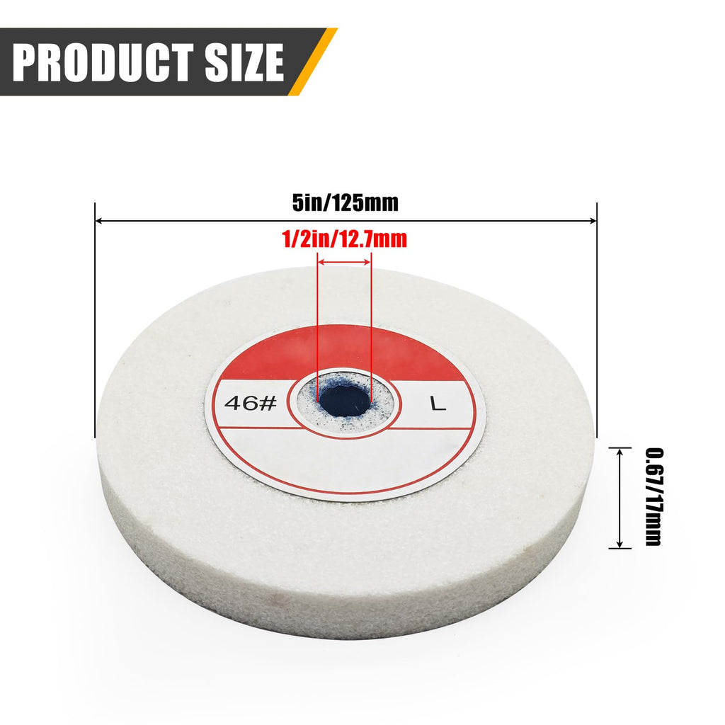 1 Piece Benchtop Grinding Wheel, 5 Inches, Suitable for Grinding Alloy Steel, Hardened Steel, High Carbon Steel and Other Metals. 46 Grit, 1/2" Mandrel Hole, 0.67" Thickness (White Corundum)