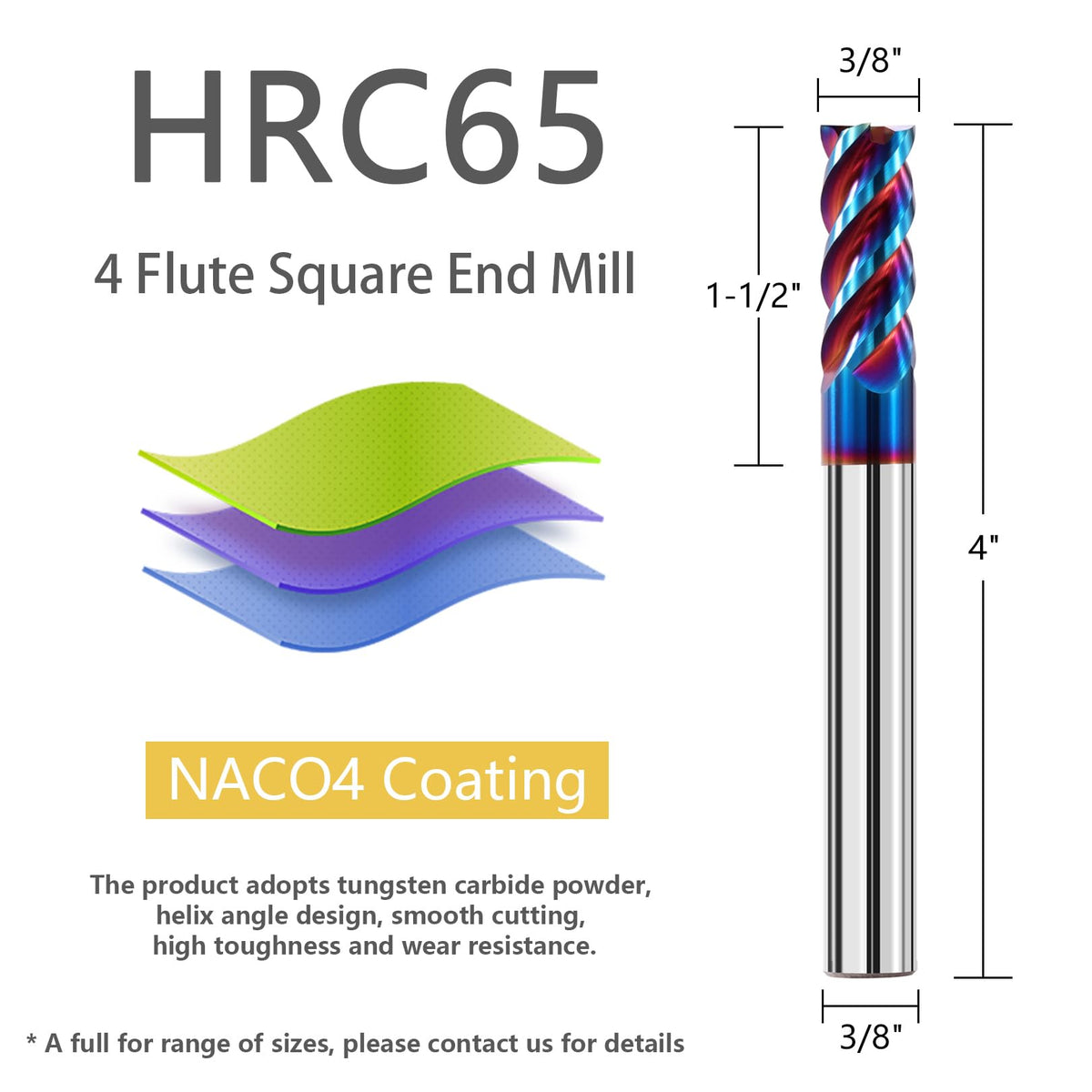 AYCHOLIZ 3/8" Solid Carbide Square End Mills Set 65HRC Extra Long 4" Milling Cutter 4 Flute CNC Milling Bits for Stainless Steel Hardness Steel