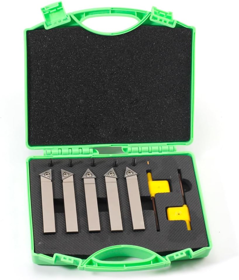 Mini Indexable Lathe Turning Tool-1/2" Shank Nickel Plated 5 Pieces Carbide Turning Tool Set,Metal Lathe Cutting Tools with Carbide Inserts TCMT16T304 (TCMT32.51)