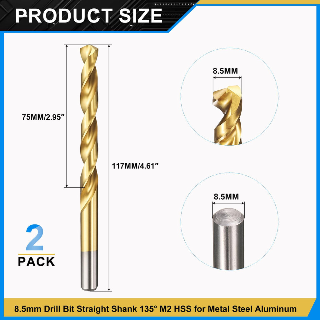 PATIKIL 8.5mm Drill Bit Jobber Straight Shank M2 TiN Coated 2Pcs