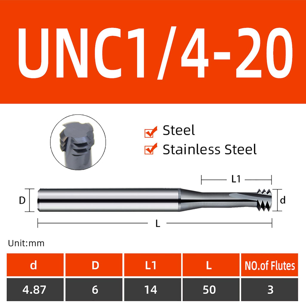 5pcs UNC1/4-20 Thread Mill Cutter Solid Carbide Coating for Steel Stainless