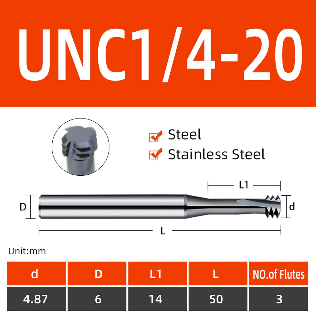 5pcs UNC1/4-20 Thread Mill Cutter Solid Carbide Coating for Steel Stainless