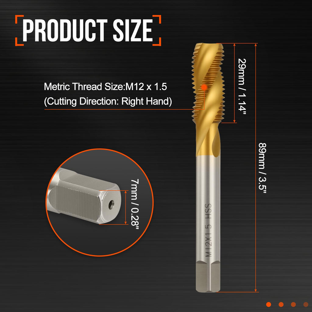 Workkyma M12 x 1.5 Spiral Flute Thread Tap M2 High Speed Steel Titanium