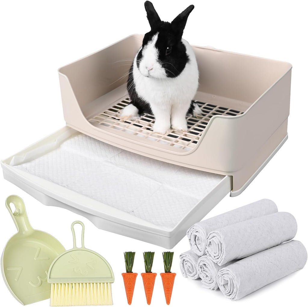 Large Rabbit Litter Box Bunny Potty Training Corner Litter Pan with Drawer Comes with Liners Rabbit Pee Pads, Small