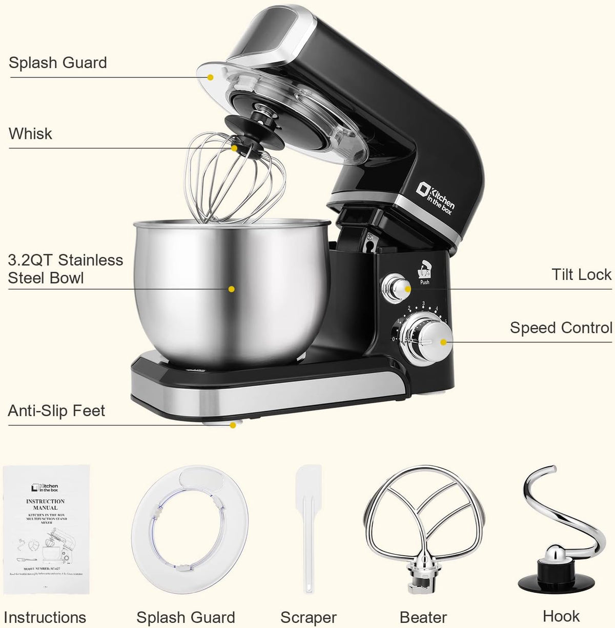 Stand Mixer,3.2Qt Small Electric Food Mixer,6 Speeds Portable Lightweight Kitchen Mixer for Daily Use with Egg