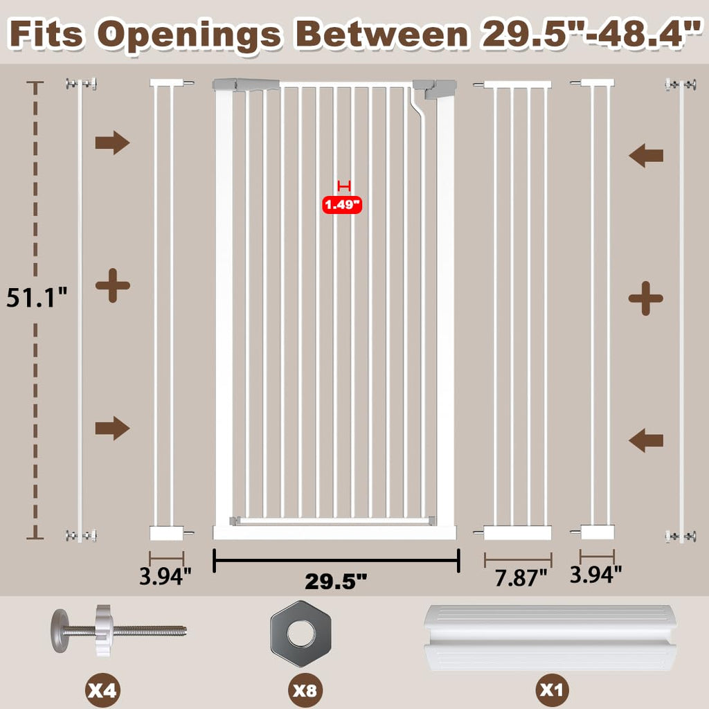 51.1" x 29.5-48.4" Extra-Tall & Extra-Wide Adjustable Hardware/Pressure-Mounted Pet & Child Safety Gate with Dual-Lock Walk-Through Swing Door for Stairs, Hallways & Wide Doorways