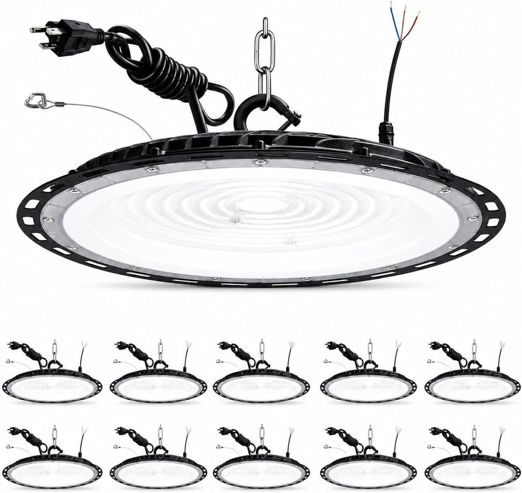 PARMIDA (10 Pack) UFO LED High Bay Light, 150W, ETL, Dimmable 0-10V, 5000K, IP65 Waterproof 19500LM Commercial Bright Shop Light Fixture for Factory, Warehouse, Workshop, Barn with 5' US Plug, US Hook