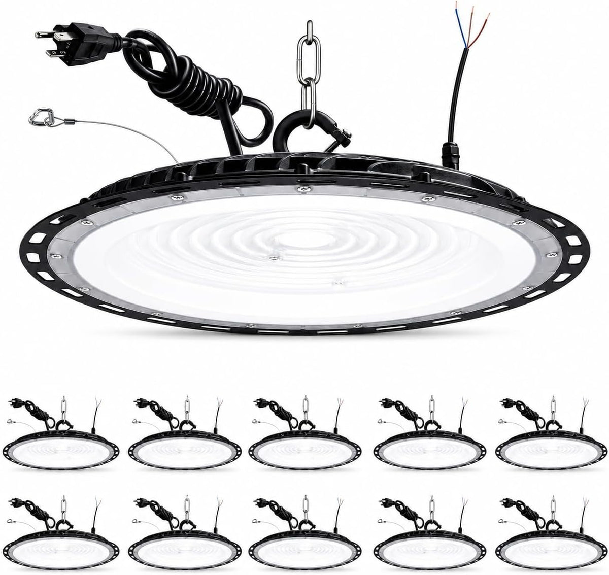 PARMIDA (10 Pack) UFO LED High Bay Light, 150W, ETL, Dimmable 0-10V, 5000K, IP65 Waterproof 19500LM Commercial Bright Shop Light Fixture for Factory, Warehouse, Workshop, Barn with 5' US Plug, US Hook