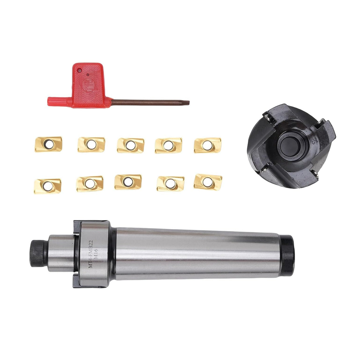 LICAEVEY Face End Mill Set, Face End Mill Cutter with 4 Flutes, MT4-FMB22 Holder, 10pcs Inserts for Step Milling, High Hard Alloy Body for CNC Machine