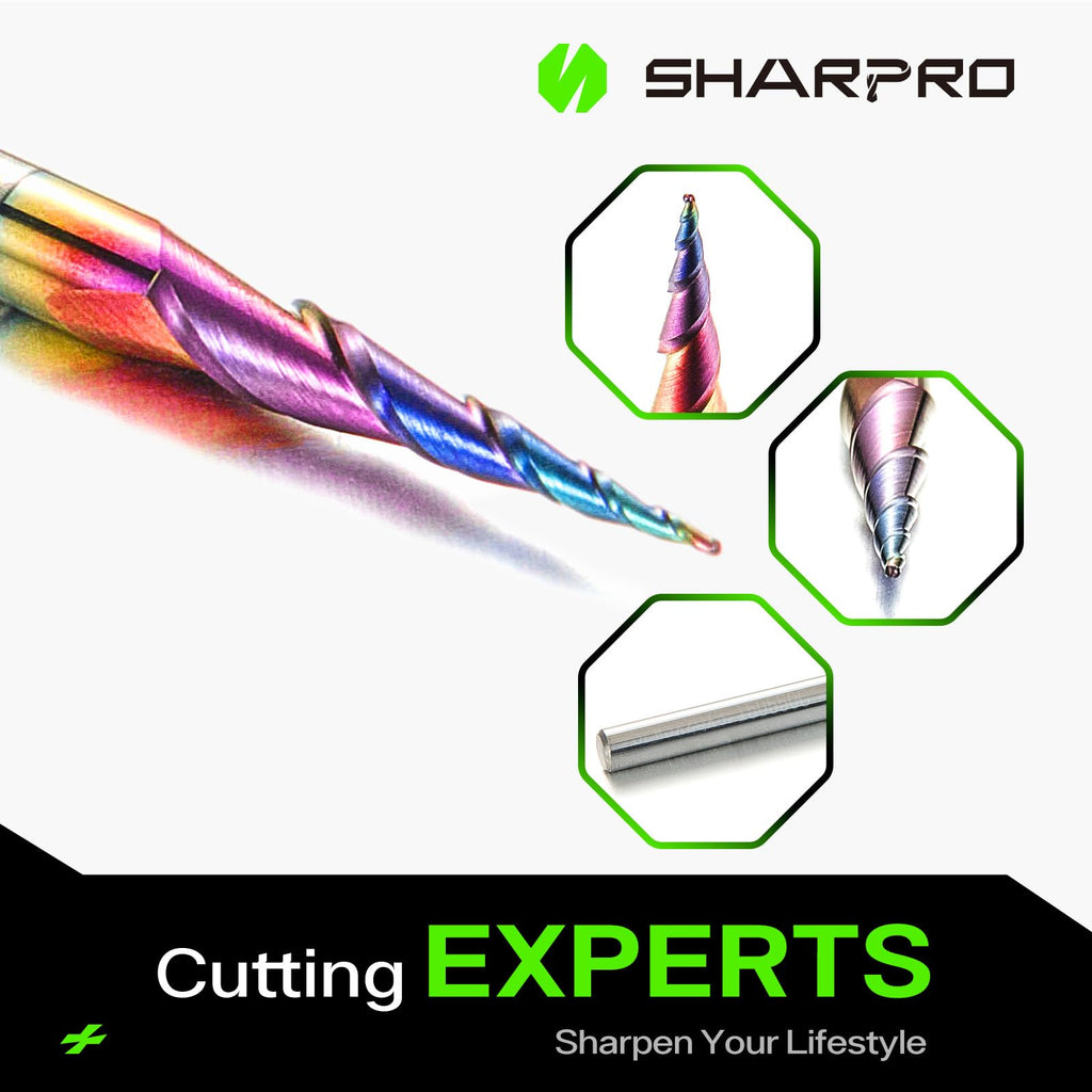 SHARPRO Carbide Tapered Ball Nose End Mill, 1/8" Shank 8° CNC Carving Router Bit 0.5mm Tip (R0.25 Radius), Spiral 2 Flute for Wood Engraving, 3D/2D Milling, Quark Coated (5PCS)