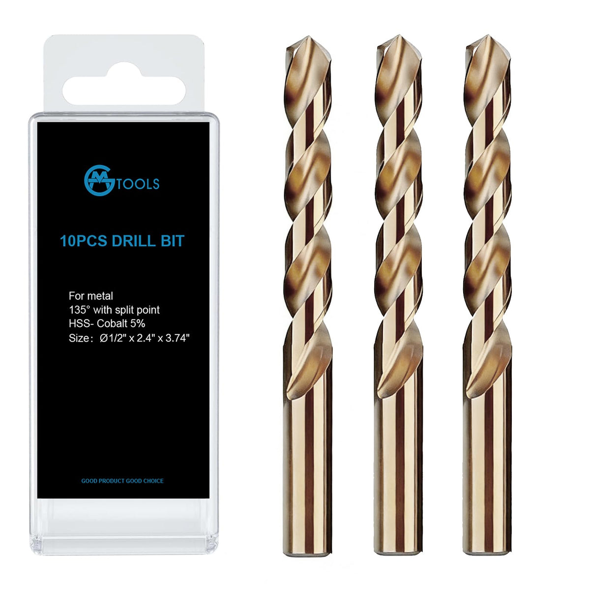 GMTOOLS 1/2 inch Cobalt Drill Bits, M35 HSS, 135 Degree Tip, Jobber Length Twist Drill Bit Set for Hard Metal, Stainless Steel, Cast Iron, Wood and Plastic, with Storage Case, Pack of 3