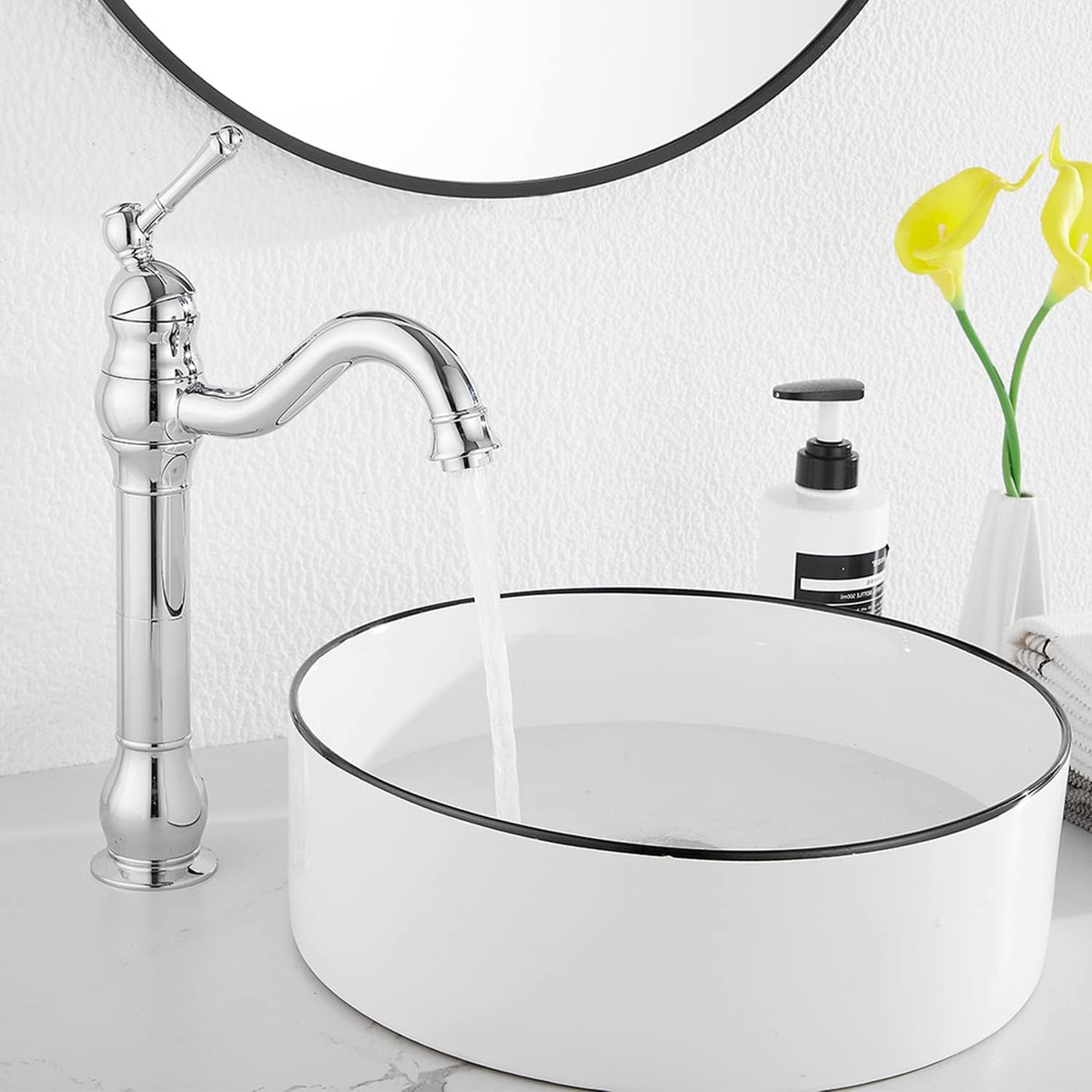 360° Swivel Chrome Single Handle One Hole Bathroom Sink Faucet Matching with Pop Up Drain | 360° Swivel, Matching