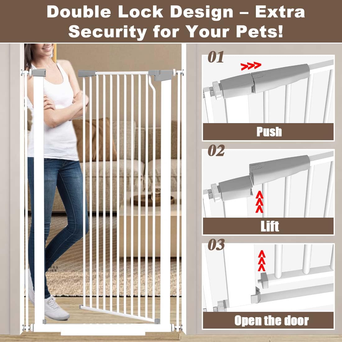 51.1" x 29.5-48.4" Extra-Tall & Extra-Wide Adjustable Hardware/Pressure-Mounted Pet & Child Safety Gate with Dual-Lock Walk-Through Swing Door for Stairs, Hallways & Wide Doorways