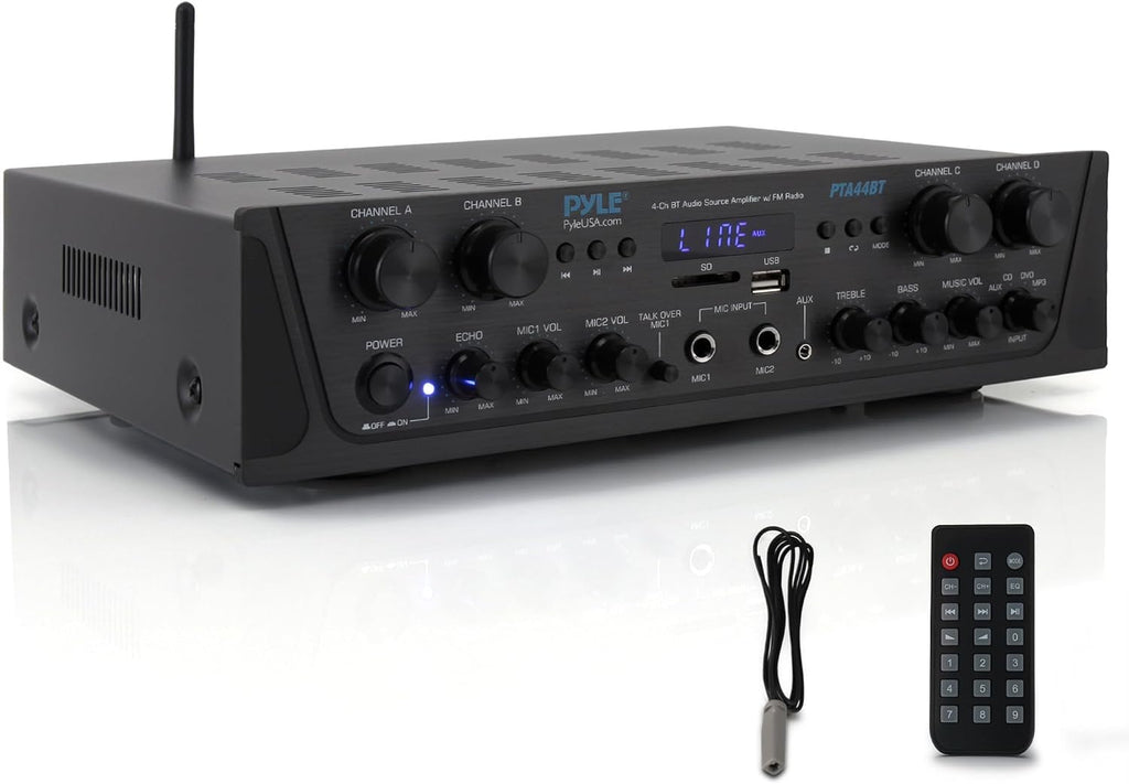 4-Channel Audio Amplifier with Bluetooth - Home Stereo Receiver w/ 500W Max Power - Commercial or Karaoke - Dual Mic