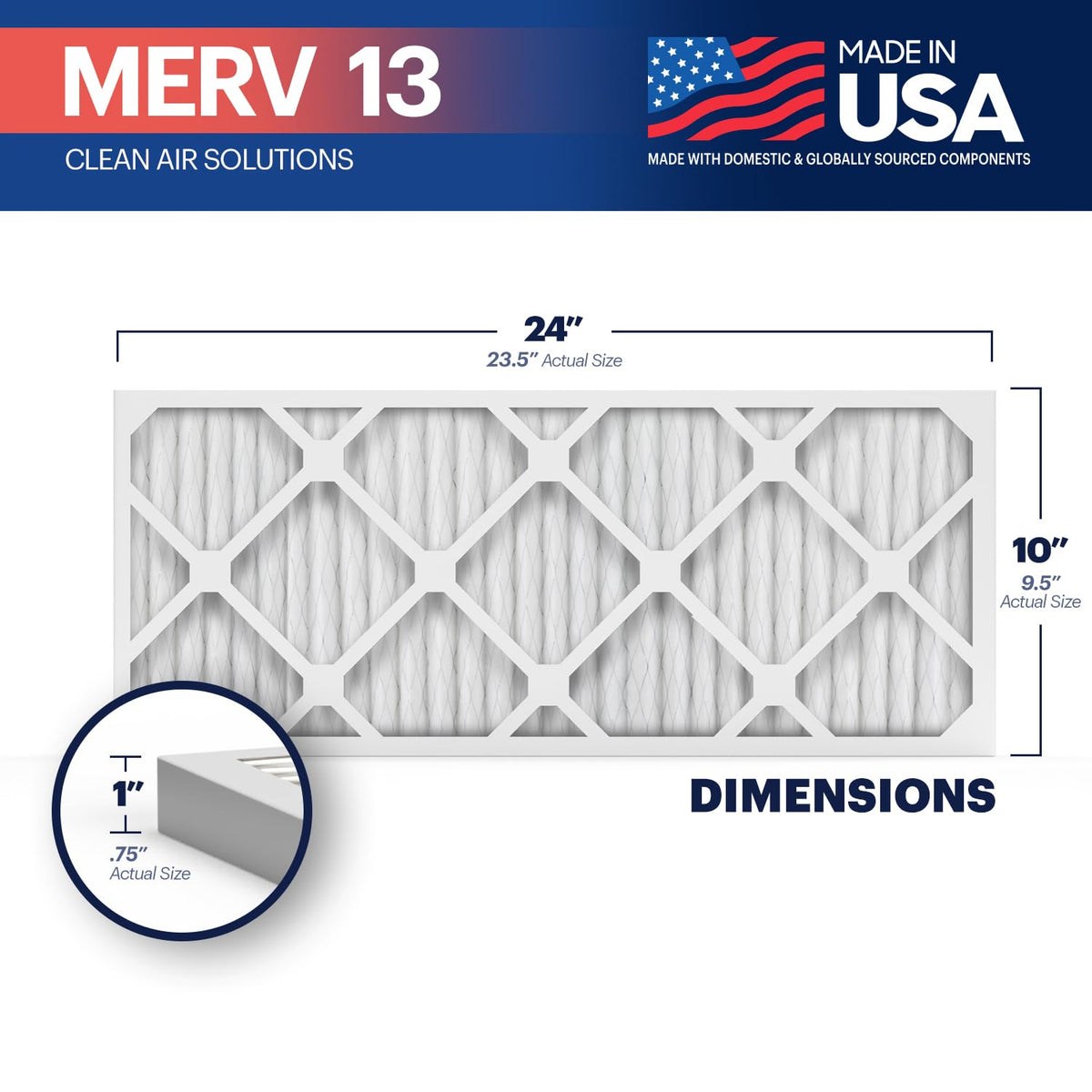 TruFilter 10x24x1 Air Filter MERV 13 (4-Pack) - MADE IN USA - Electrostatic Pleated Air Conditioner HVAC AC Furnace
