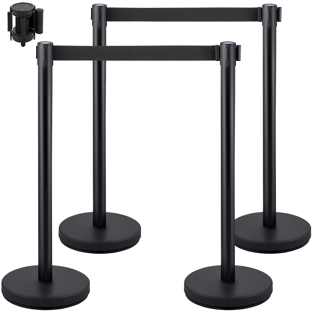 Crowd Control Stanchion Set, Stanchion Set with 6.6 ft/2 m Black Retractable Belt, Black Crowd Control Barrier