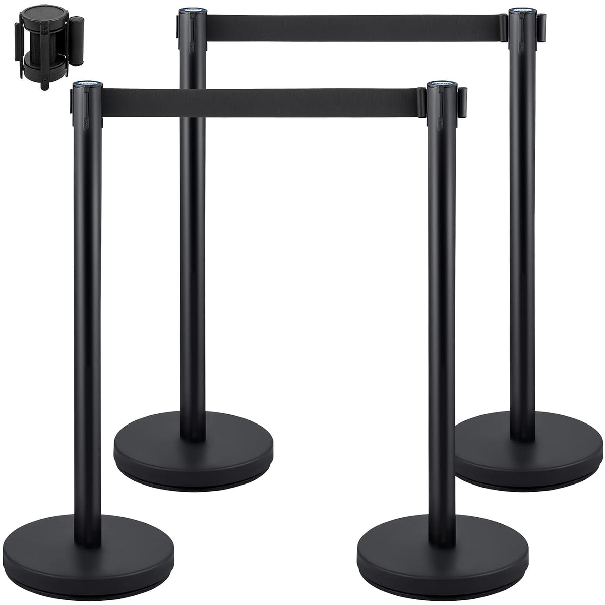 Crowd Control Stanchion Set, Stanchion Set with 6.6 ft/2 m Black Retractable Belt, Black Crowd Control Barrier