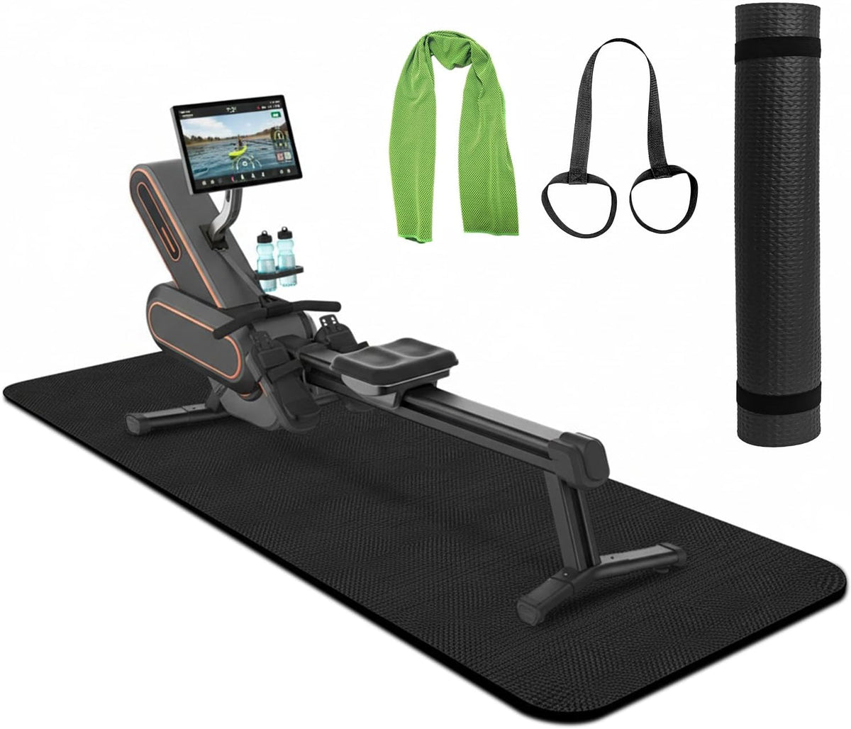 Rowing Machine Mat 96" x 28" with Sports Towel and Strap,Treadmill Mat Compatible with Peloton Bike, Row & Concept 2