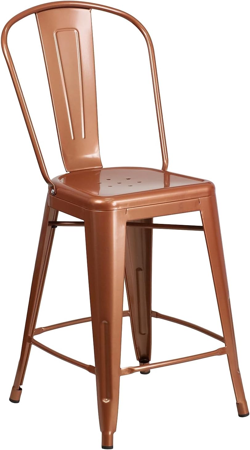 Carly Commercial Grade 24" High Copper Metal Indoor-Outdoor Counter Height Stool with Back