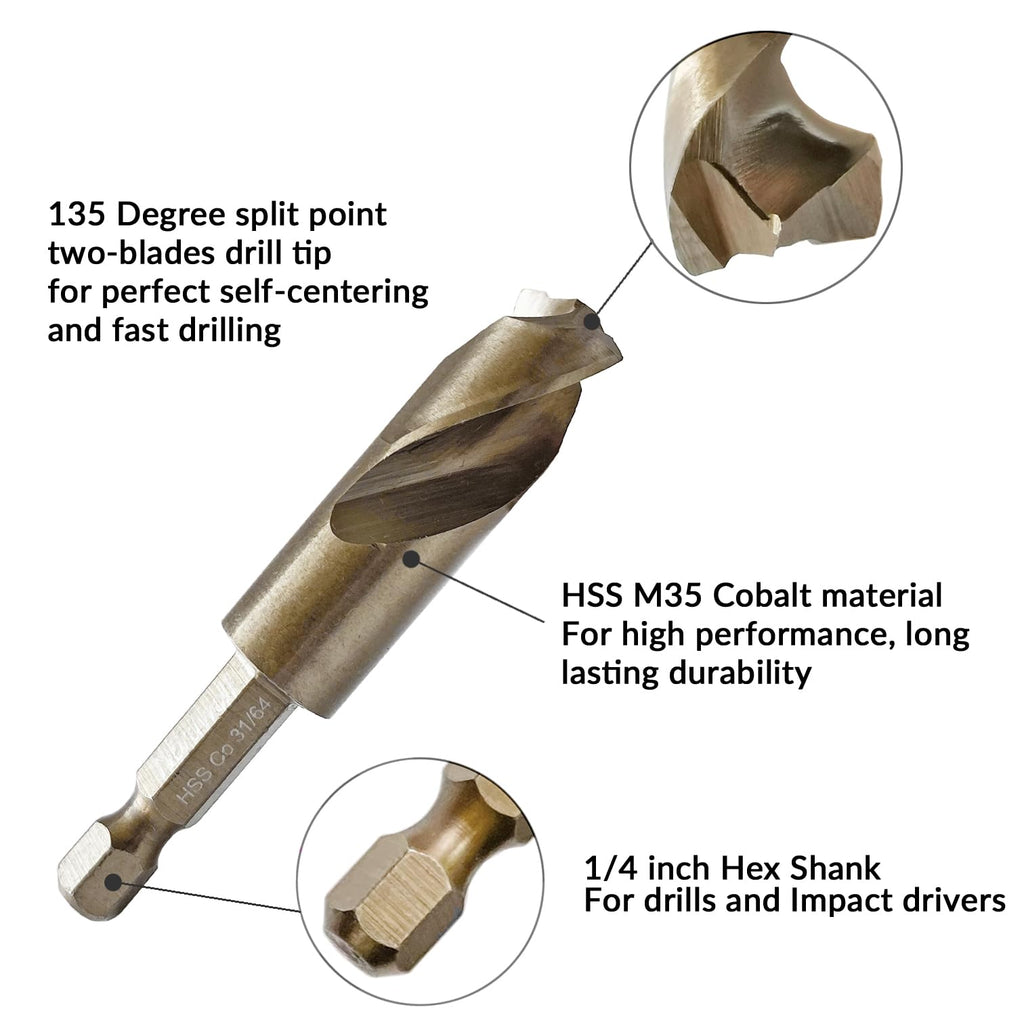 NordWolf 31/64" M35 Cobalt Stubby Drill Bit for Stainless Steel & Hard Metals, with 1/4" Hex Shank for Quick Chucks & Impact Drivers