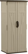 Vertical Shed, Compact Outdoor Storage System, 22 Cu. Ft. Capacity, Sand & Mustang - Lockable Multi-Wall Resin
