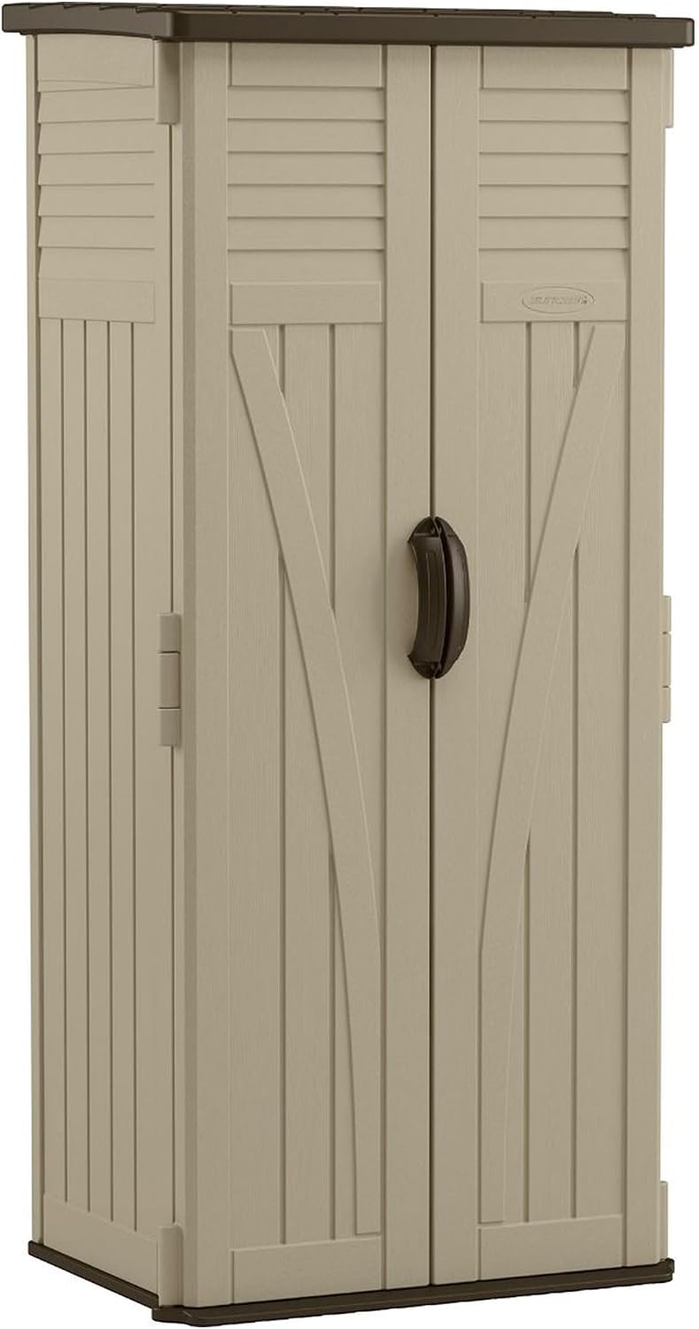 Vertical Shed, Compact Outdoor Storage System, 22 Cu. Ft. Capacity, Sand & Mustang - Lockable Multi-Wall Resin