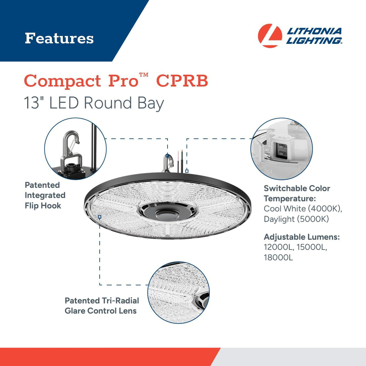 Lithonia Lighting Compact Pro Round LED High Bay Light, Ceiling Lighting Fixture, Adjustable 12000/15000/18000 Lumens, Selectable 4000K/5000K, UVOLT 120–347V, Black (CPRB ALO13 UVOLT SWW9 80CRI DBL)