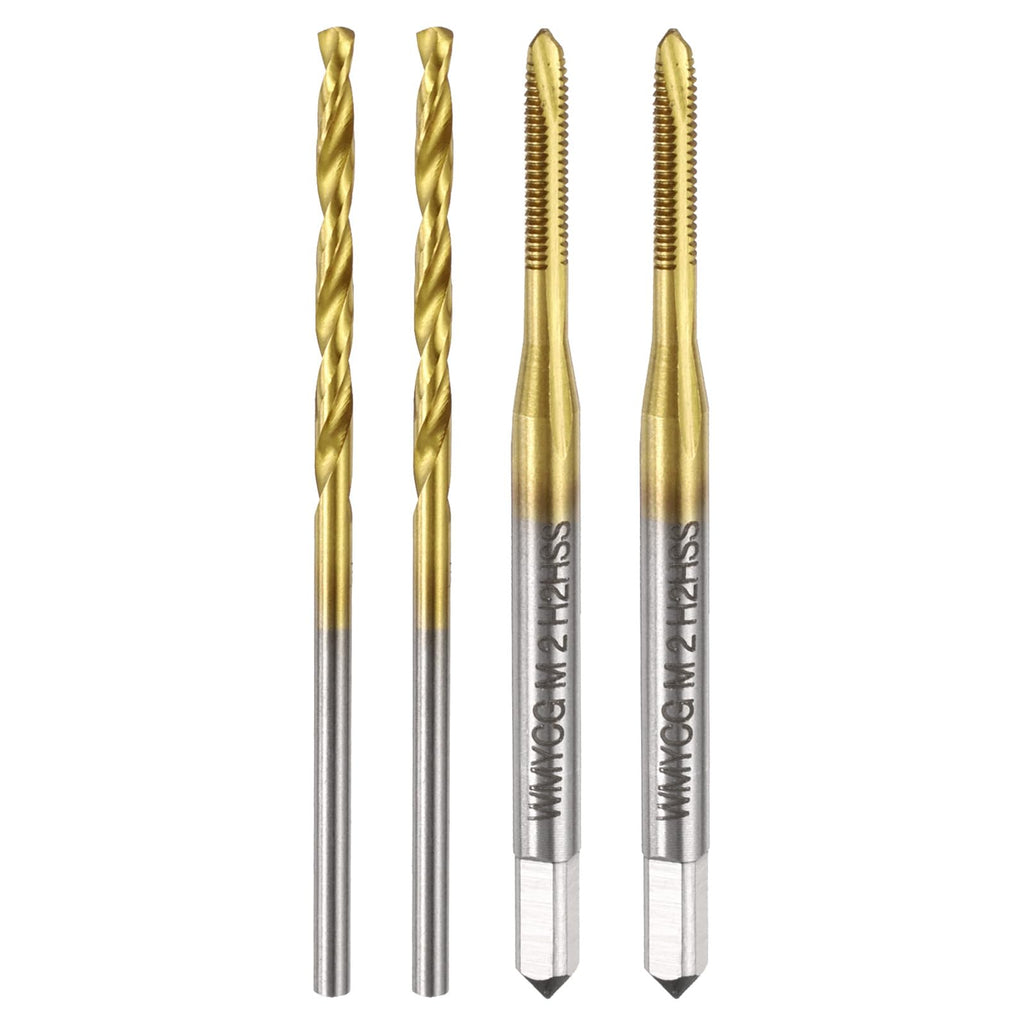 uxcell Metric Tap & Drill Bit Set, 2pcs M2 x 0.4 Spiral Point Thread Taps and 2pcs 1.6mm Twist Drill Bits, Titanium Coated HSS6542 Screw Tapping Threading Tools
