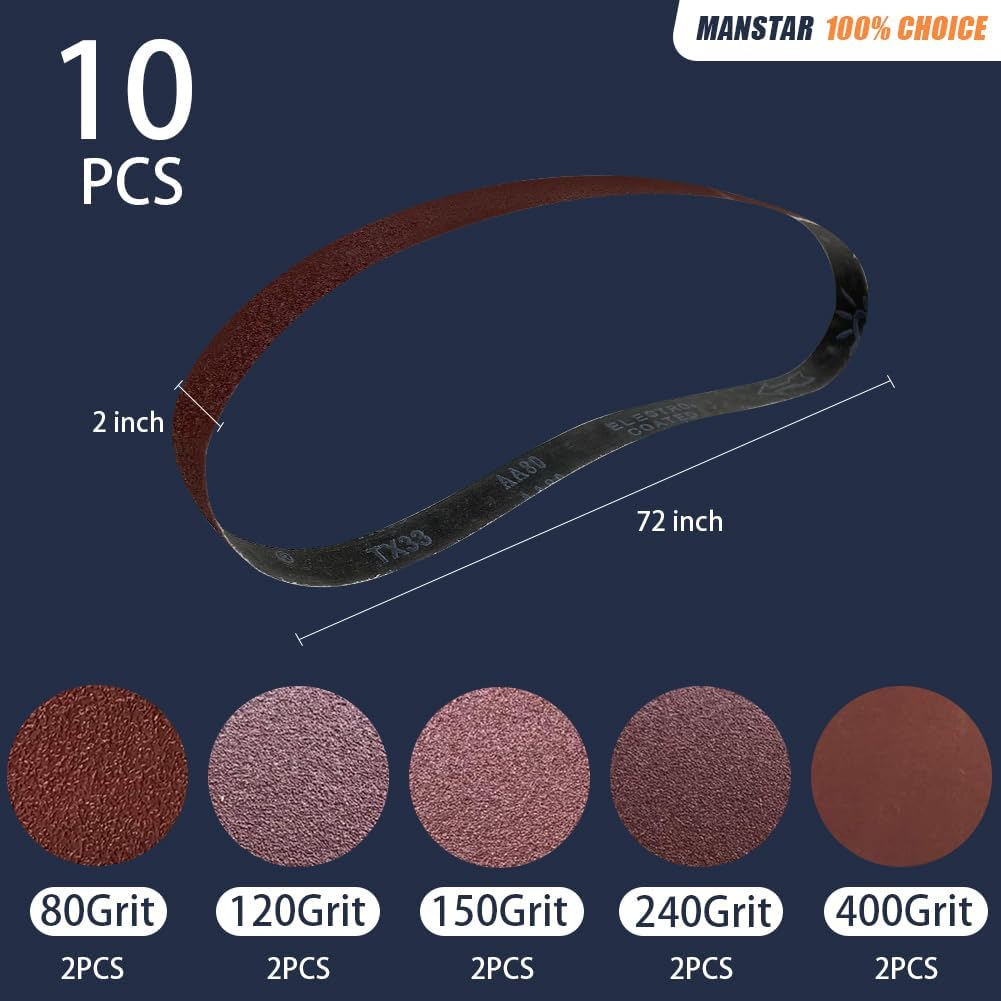10 Pcs 2 x 72 Inch Assorted Aluminum Oxide Sanding Belt,80/120/150/240/400 Grit