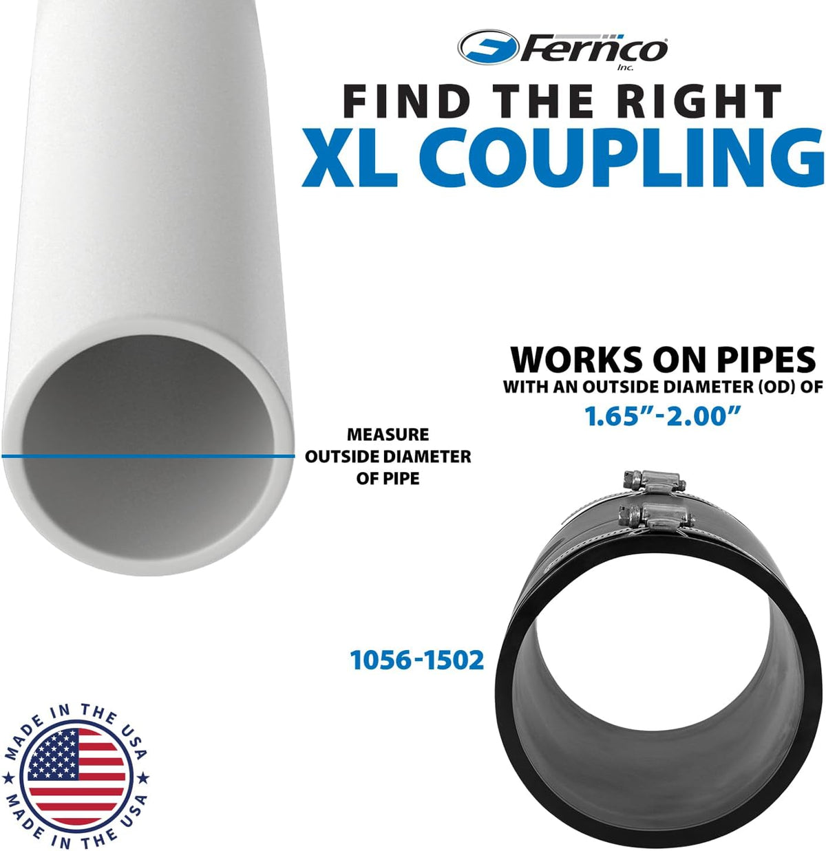XL 1056-1502 1-1/2 in Flexible Pipe Coupling, Extra-Long 6.88 in DWV Sewer/Drain Connector, Fits OD 1.65–2.00 in