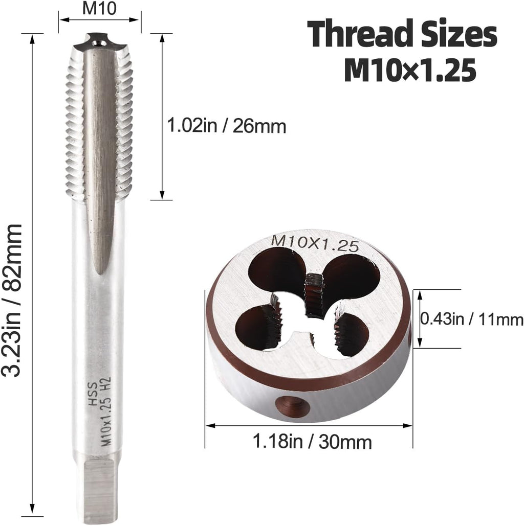 M10 x 1.25 Metric Thread Tap and Die Set, M10 x 1.25mm High-speed Steel Machine Tap Die Set Right Hand