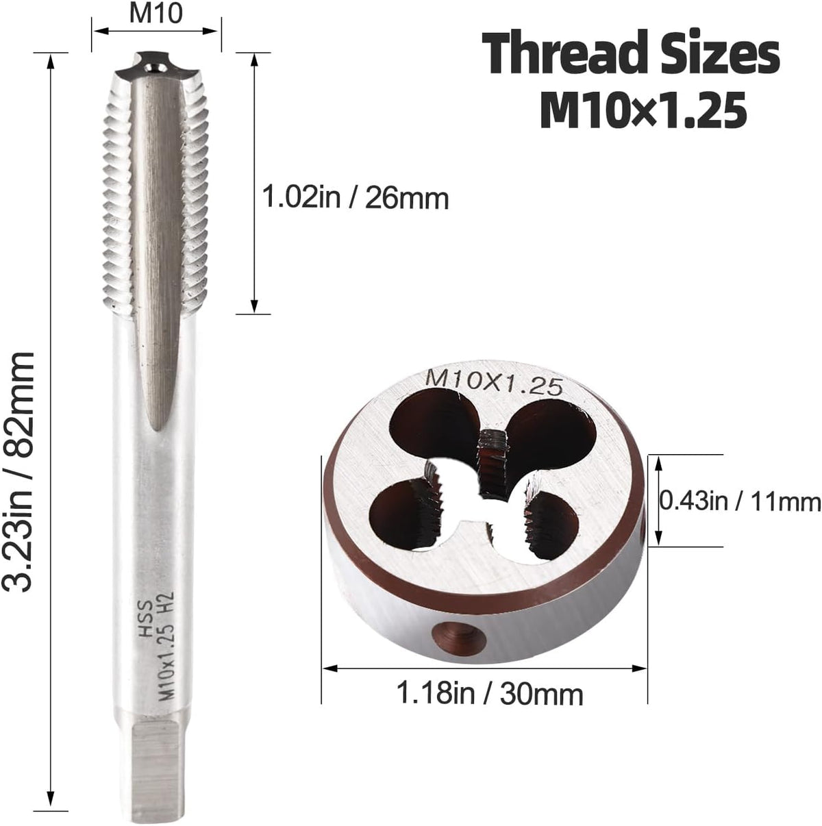 M10 x 1.25 Metric Thread Tap and Die Set, M10 x 1.25mm High-speed Steel Machine Tap Die Set Right Hand