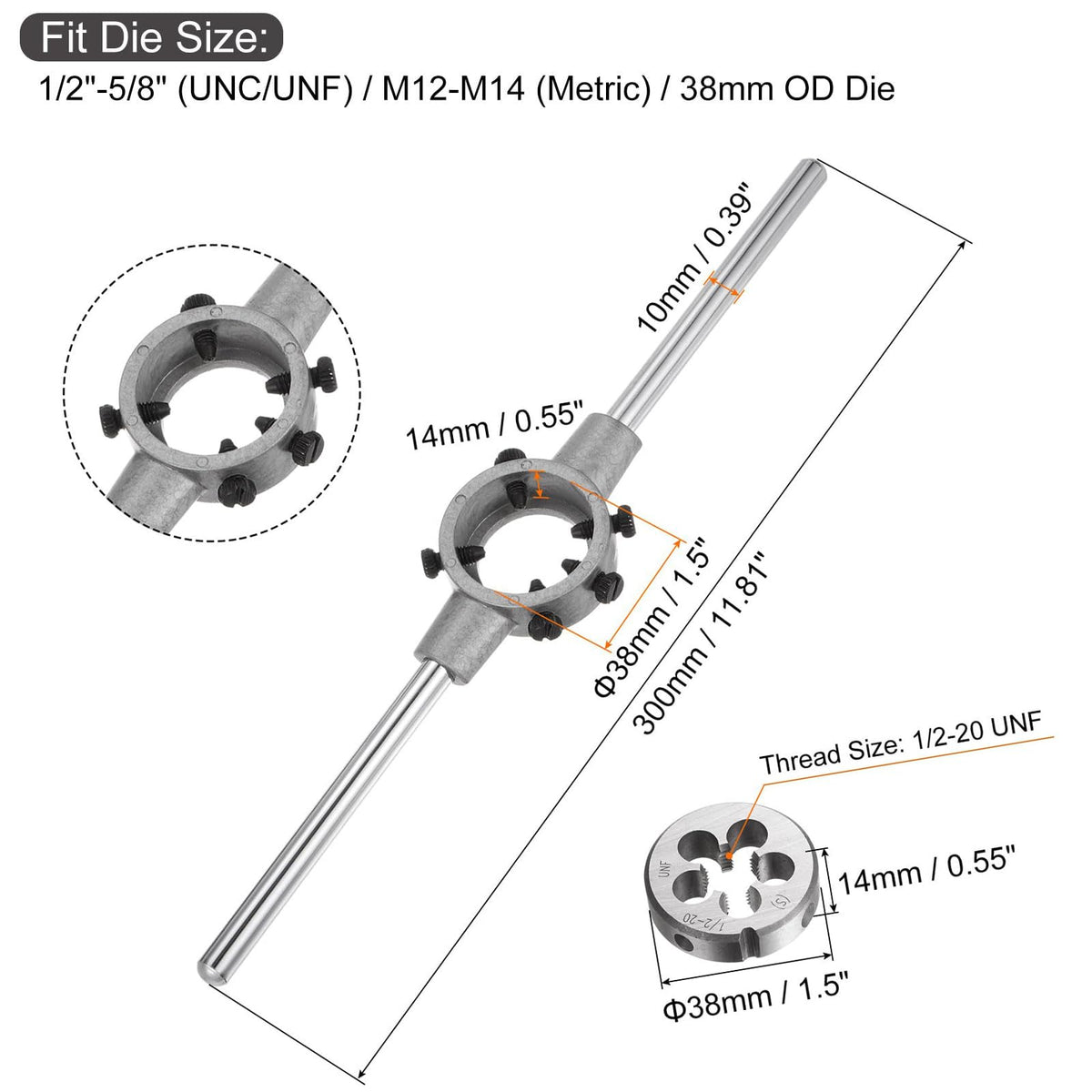 Boxonly Die Stock Handle Wrench Set,1/2-20 UNF Round Die and 38mm Die Holder (Fits 1/2"-5/8" (UNC/UNF) / Metric M12-M14 / 38mm OD Dies) for Bolt Thread Repair