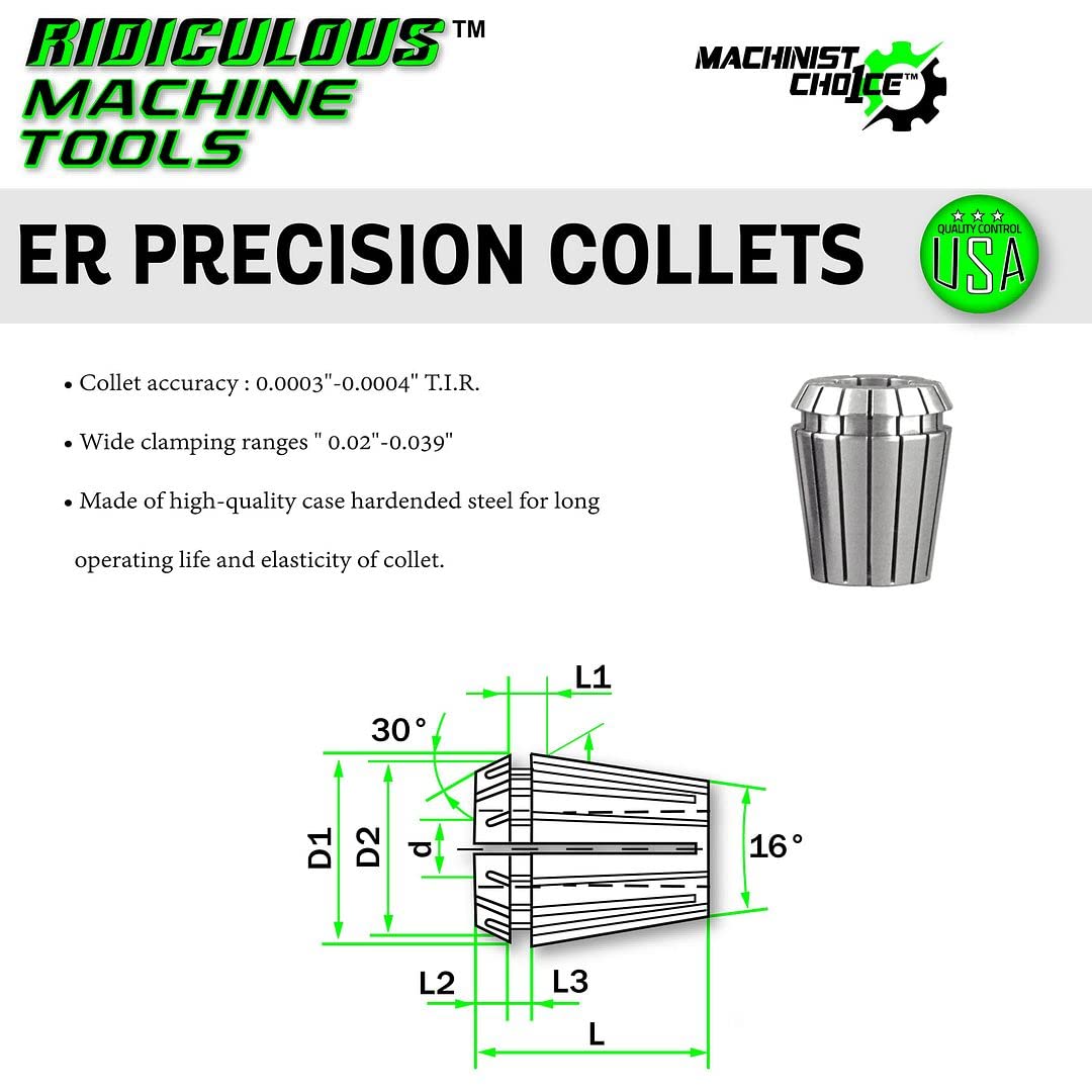 3/8" ER 16 High Precision Spring Collets INCH (0.0003) T.I.R. Machinist Choice