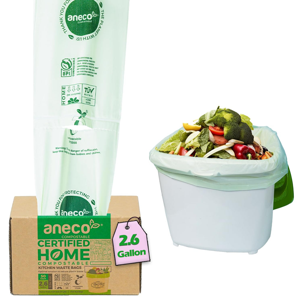 100% Compostable Waste Bags 2.6 Gallon (Flat Top Bags, 50 Count)