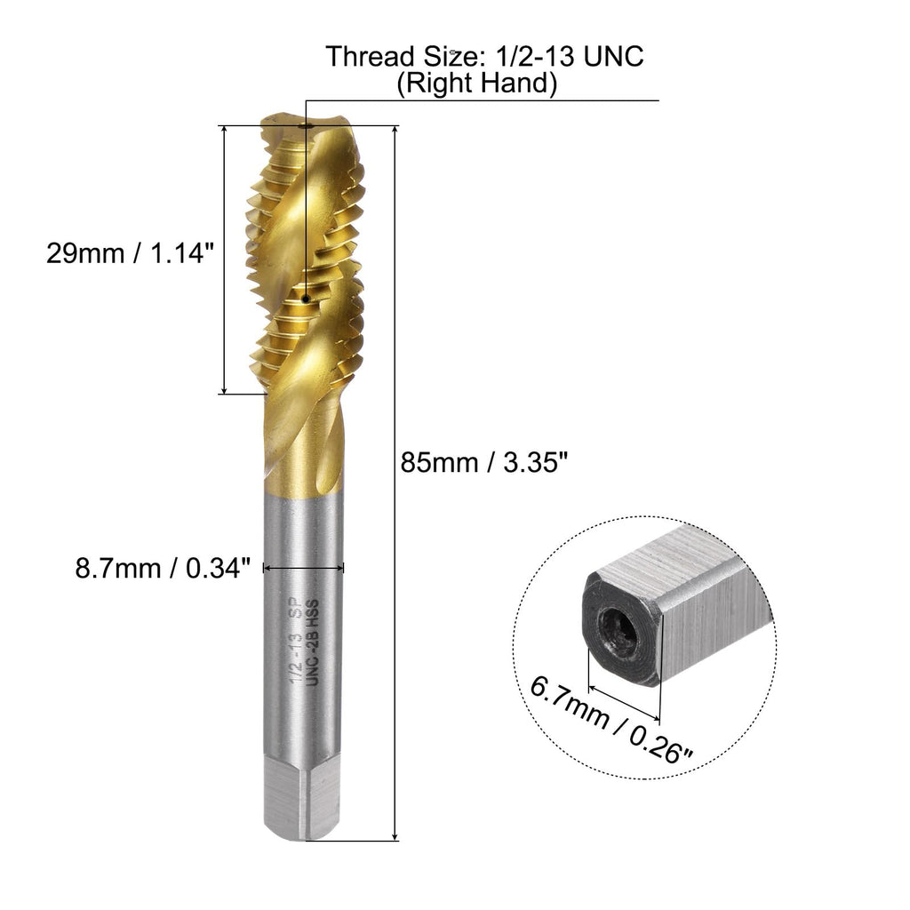 uxcell Spiral Flute Thread Taps, 1/2-13 UNC 2B Screw Threading Tap, Titanium Coated 6542 High Speed Steel Machine Tapping Tools for Machinist Repair