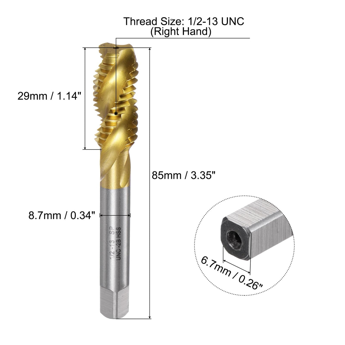 uxcell Spiral Flute Thread Taps, 1/2-13 UNC 2B Screw Threading Tap, Titanium Coated 6542 High Speed Steel Machine Tapping Tools for Machinist Repair