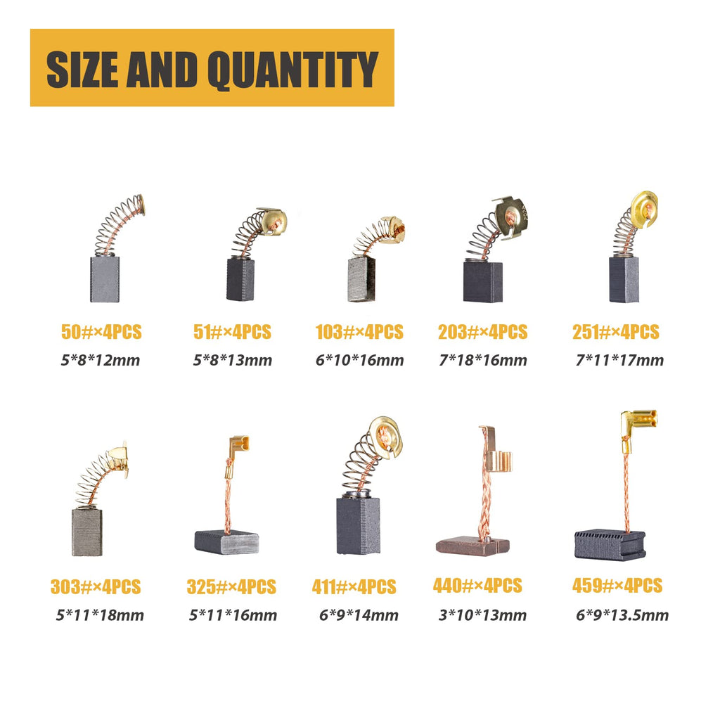 40 Pcs Electric Motor Carbon Brushes Set, 10 Assorted Sizes Carbon Brushes Replacement Kit for Angle Grinders, Electric Hammer Drills, Circular Saws