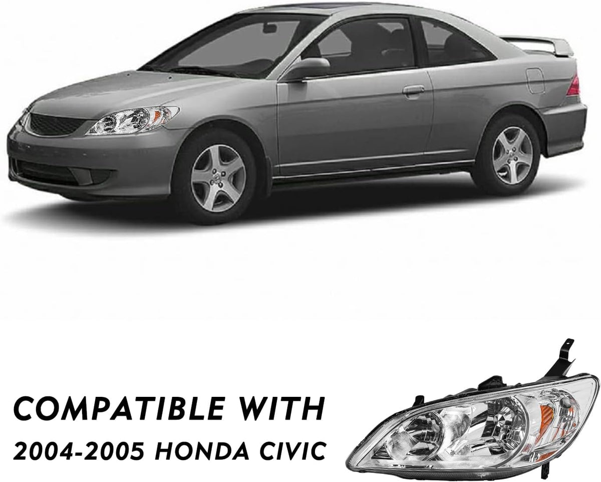 TUSDAR Headlight Assembly Set for 2004-2005 Honda Civic Driver and Passenger Side (Chrome Housing with Amber Reflector)