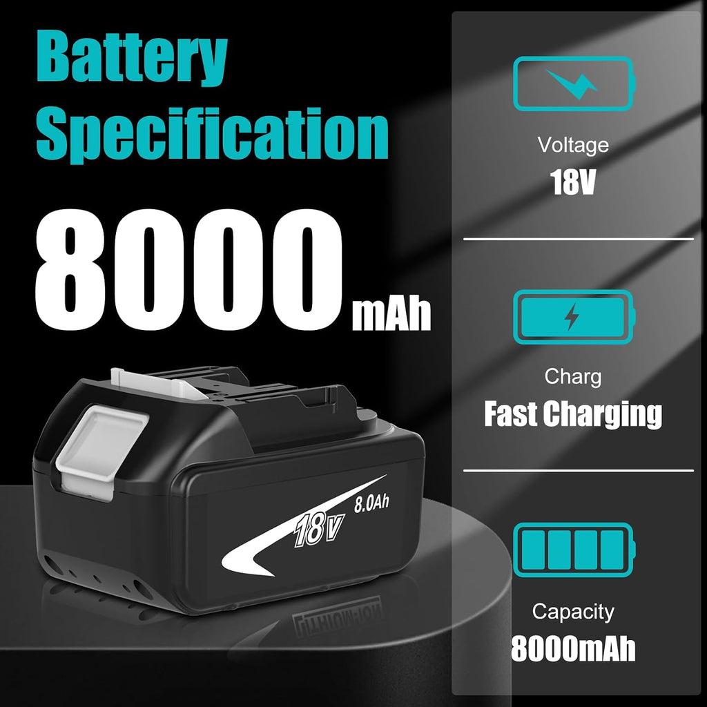 2-Pack 8000mAh High Capacity Replacement for Makita 18V Battery Bl1860B