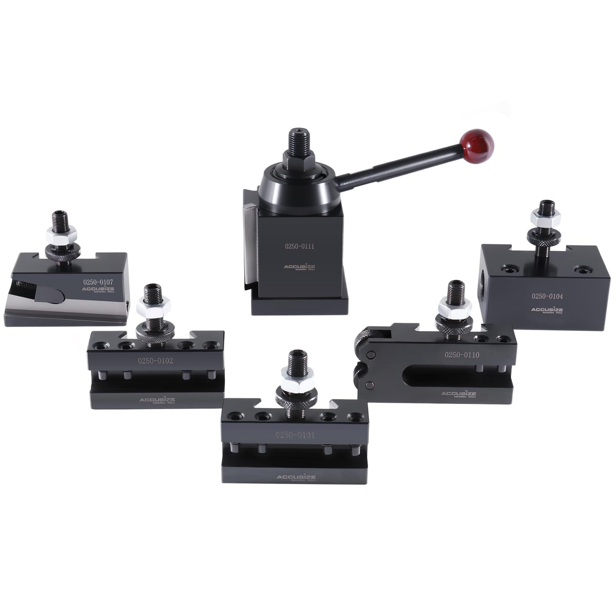 Accusize Industrial Tools - AXA 6 Pc Wedge Type Quick Change Tool Post Set, for Lathe Swing 6-12 Inches, Includes 5 Tool Holders, 0251-0111