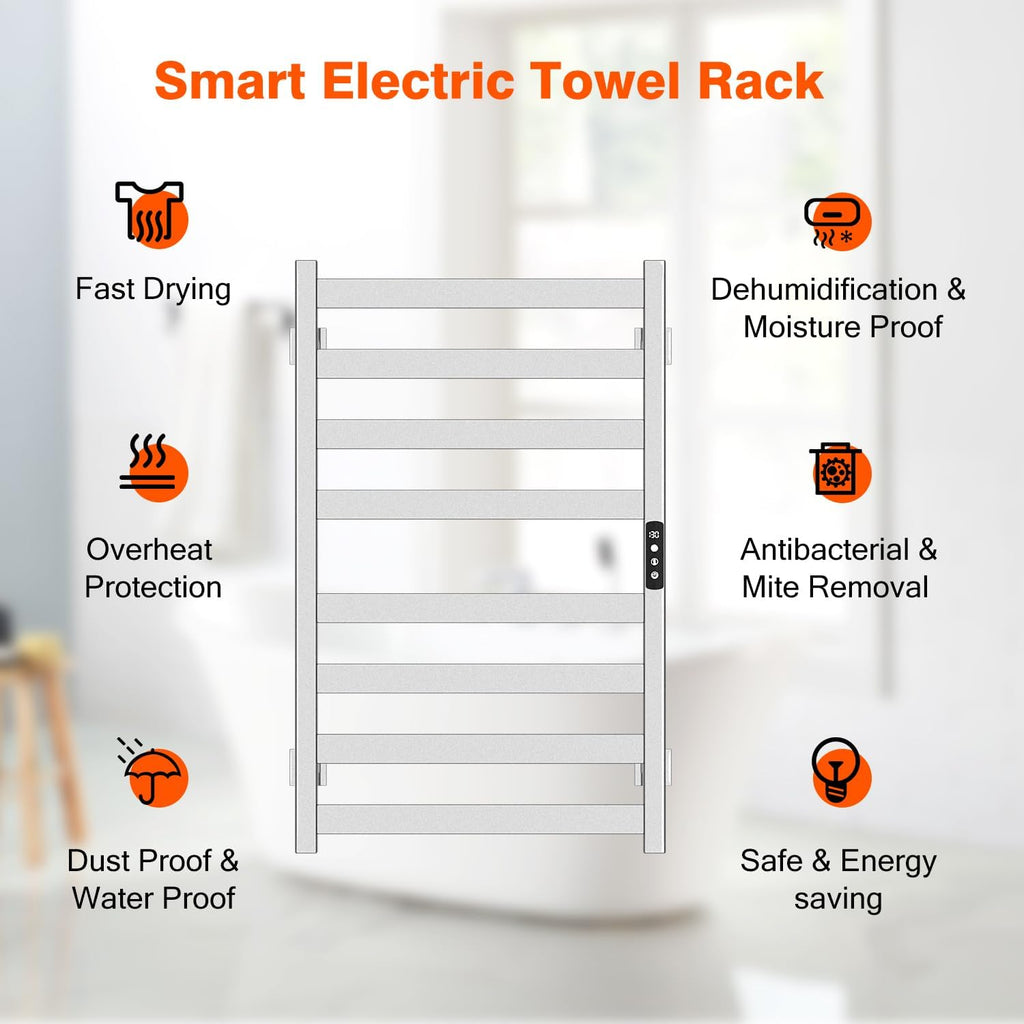 Towel Warmer, Towel Heater Rack for Bathroom, 8-bar Electric Towel Dryer Wall-Mounted Plug-in Bath Heater, 304