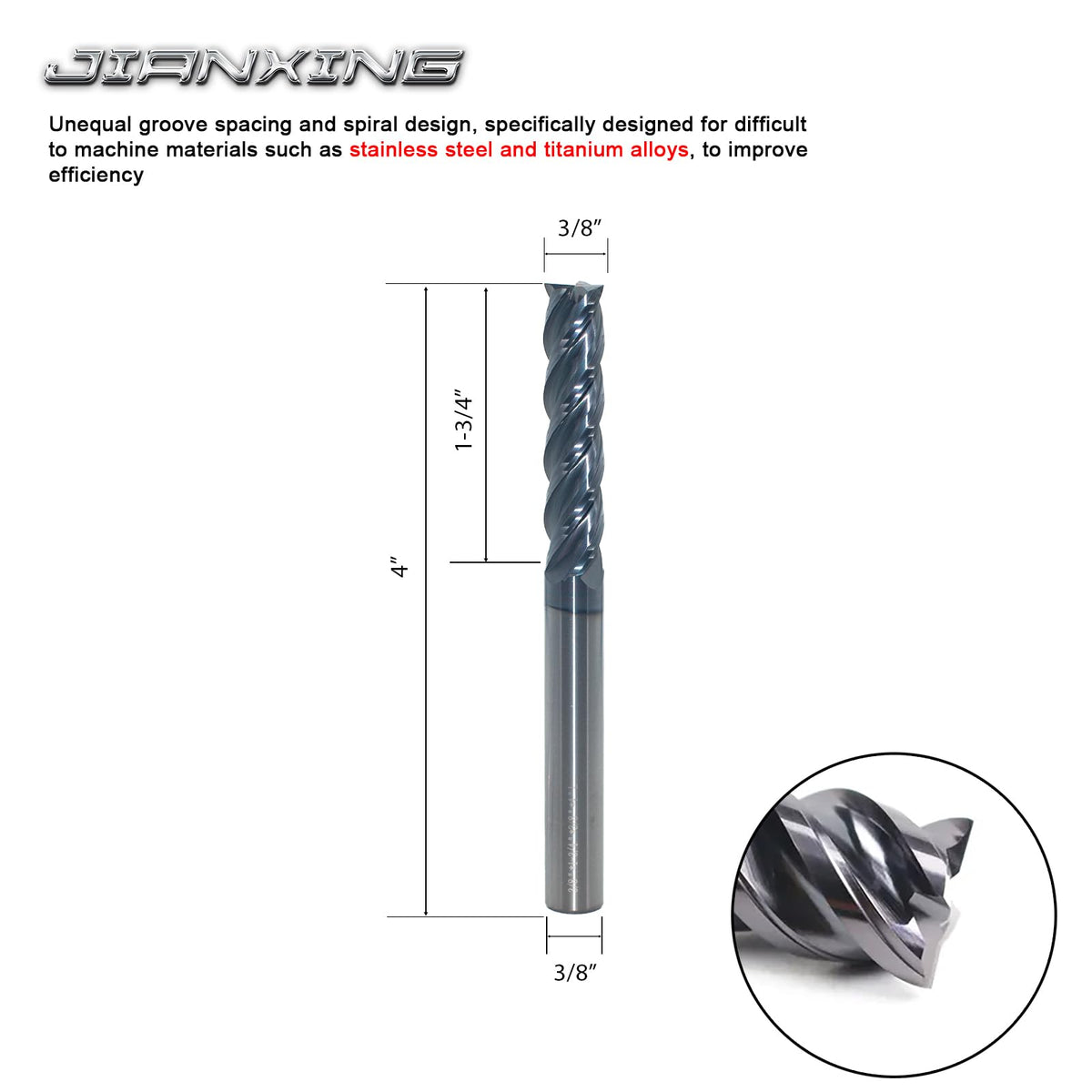 JIANXING 3/8" Extra Long 4-Flute Carbide Square End Mill, 4" OAL, 1Pc