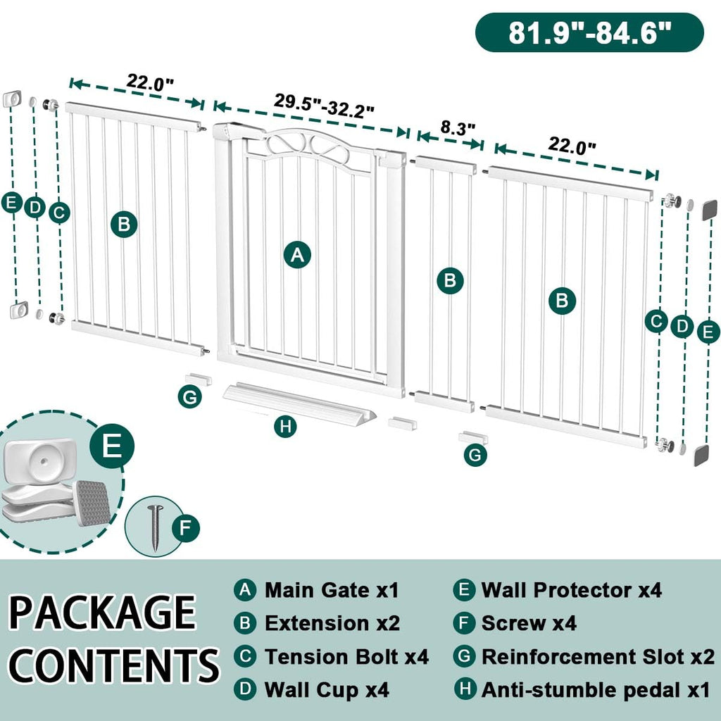 81.9-84.6" Extra-Wide No-Drill Pressure-Mounted Pet & Child Safety Gate with Dual-Lock Walk-Through Swing Door for Stairs, Hallways & Wide Doorways
