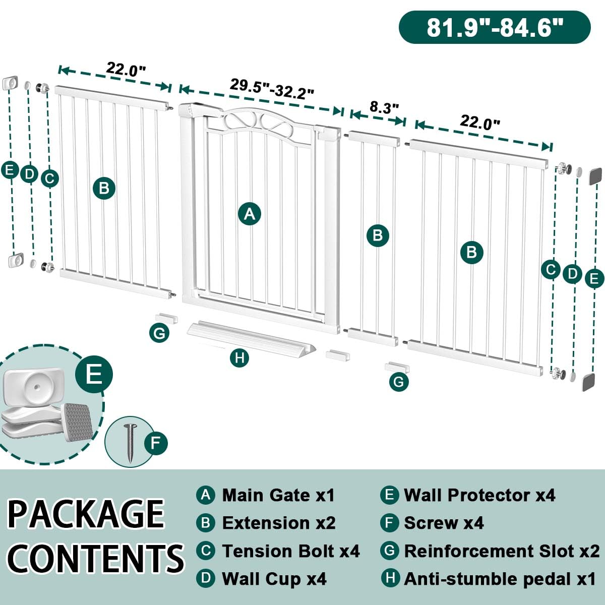 81.9-84.6" Extra-Wide No-Drill Pressure-Mounted Pet & Child Safety Gate with Dual-Lock Walk-Through Swing Door for Stairs, Hallways & Wide Doorways