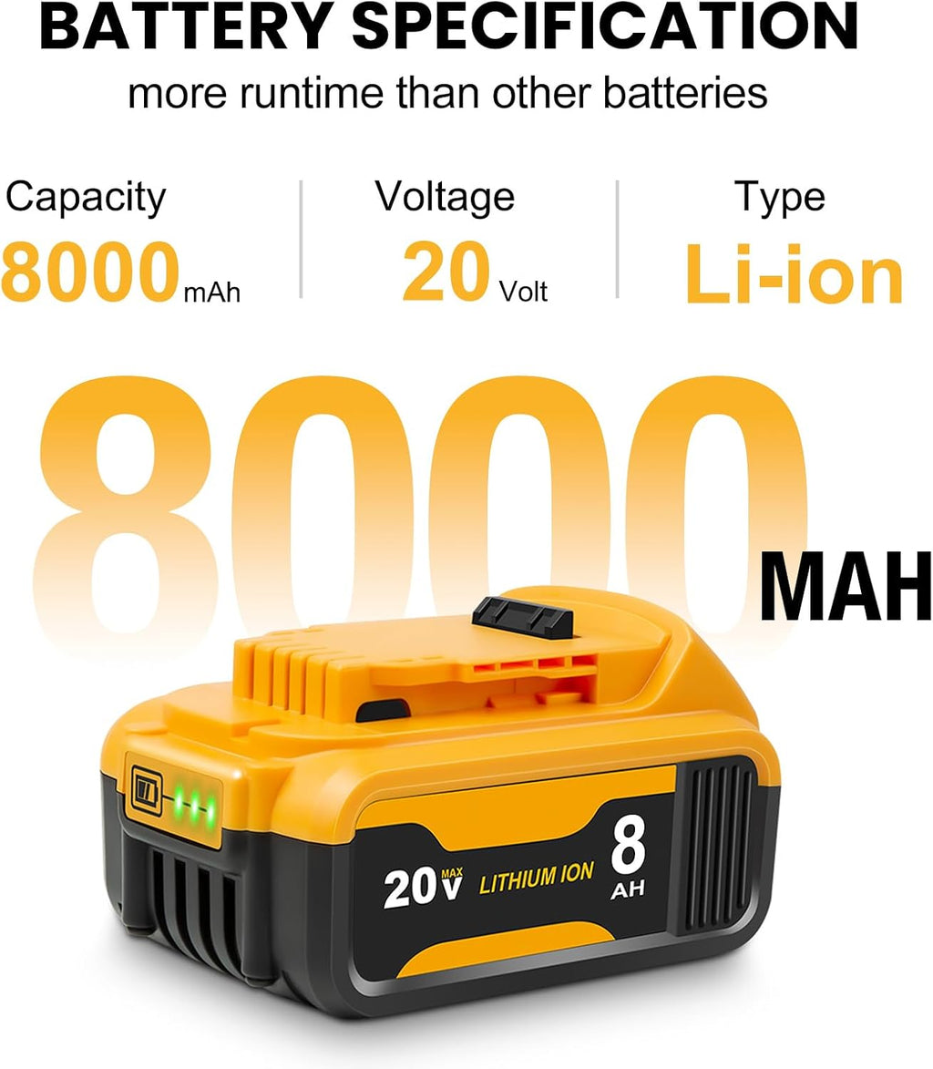 2Packs 8.0Ah Battery Replacement for Dewalt 20V MAX Battery,with DCB112 Charger Station